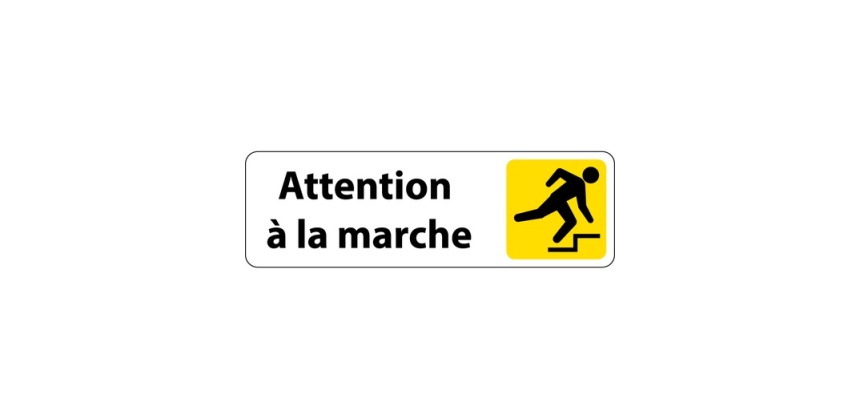 Panneau adhésif - Attention à la marche Trébuchement - ISO 7010 150 x 47 mm Blanc