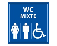 Panneau WC PMR Mixte – Toilettes accessibles Homme  Femme 350 x 350 mm PVC 2 mm Blanc sur fond Bleu