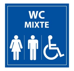 Panneau WC PMR Mixte – Toilettes accessibles Homme  Femme 350 x 350 mm PVC 2 mm Blanc sur fond Bleu