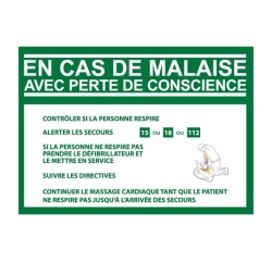 Panneau - Consigne Défibrillateur en cas de malaise - ISO 7010