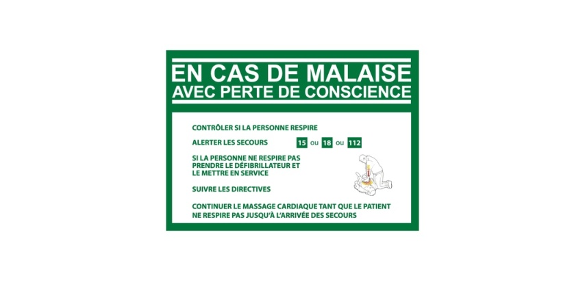 Panneau - Consigne Défibrillateur en cas de malaise - ISO 7010