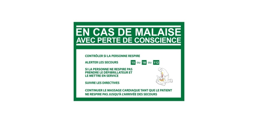 Panneau - Consigne Défibrillateur en cas de malaise - ISO 7010