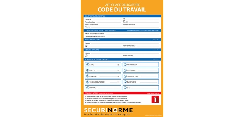 Panneau - Affiche Code du travail obligatoire - 297x420 mm