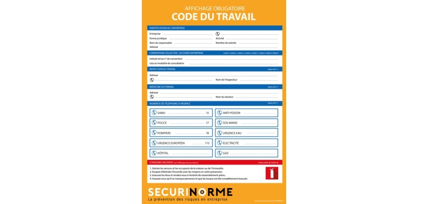 Panneau - Affiche Code du travail obligatoire - 297x420 mm