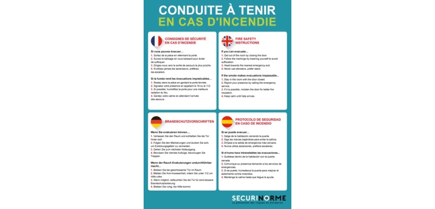 Poster sécurité incendie – Conseils en 4 langues – 297x420 mm