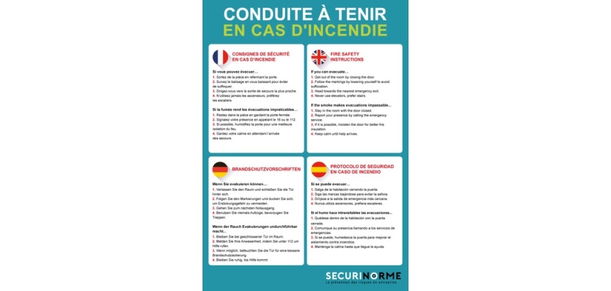 Poster sécurité incendie – Conseils en 4 langues – 297x420 mm