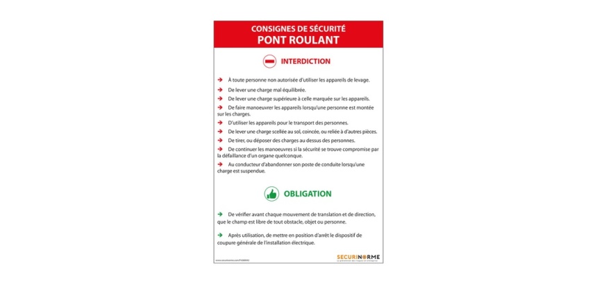 Panneau - Consignes sécurité pont roulant - NF EN 15011
