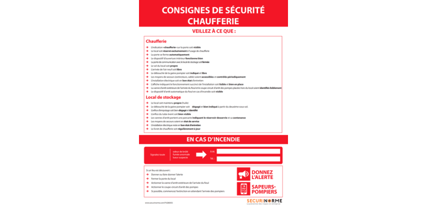 Affichage obligatoire - Consignes de sécurité chaufferie