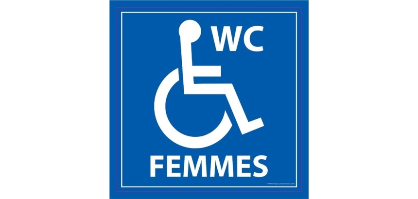 Panneau signalétique WC femmes PMR ISO 7010 accessibilité 125 x 125 mm PVC 2 mm Blanc sur fond Bleu