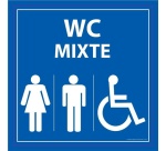 Panneau WC PMR Mixte – Toilettes accessibles Homme  Femme 250 x 250 mm PVC 2 mm Blanc sur fond Bleu