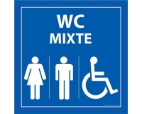 Panneau WC PMR Mixte – Toilettes accessibles Homme  Femme 350 x 350 mm PVC 2 mm Blanc sur fond Bleu