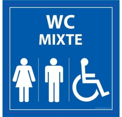 Panneau WC PMR Mixte – Toilettes accessibles Homme  Femme 125 x 125 mm PVC 2 mm Blanc sur fond Bleu