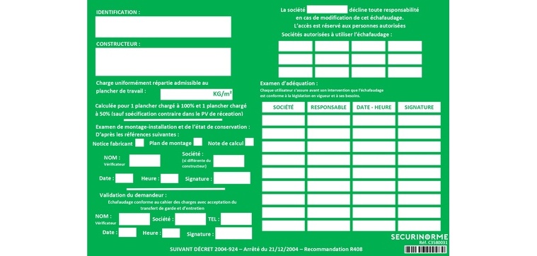 Fiche vérification échafaudage neutre A4 - Plastifiée