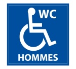 Panneau signalétique WC Hommes PMR ISO 7010 accessibilité 125 x 125 mm PVC 2 mm Blanc sur fond Bleu