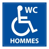 Panneau signalétique WC Hommes PMR ISO 7010 accessibilité 350 x 350 mm PVC 2 mm Blanc sur fond Bleu