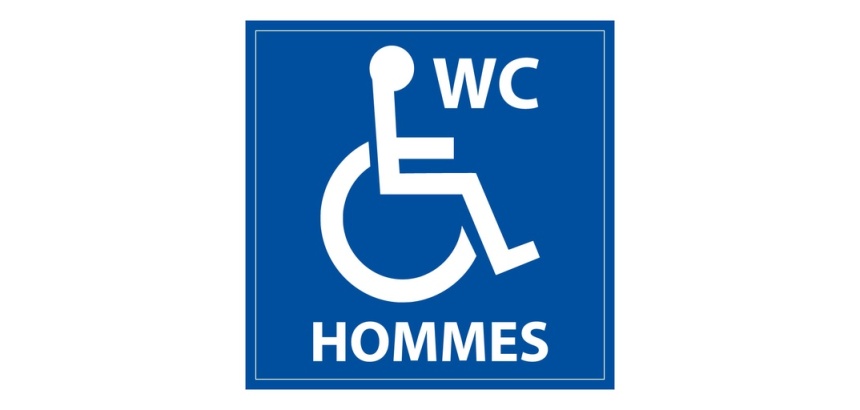Panneau signalétique WC Hommes PMR ISO 7010 accessibilité 125 x 125 mm PVC 2 mm Blanc sur fond Bleu