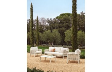 Ensemble Aleria avec canapé 3 places, 2 fauteuils et table basse en aluminium et corde synthétique écru