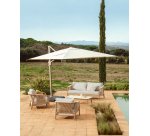 Ensemble d’extérieur Sirte avec canapé 3 places, 2 fauteuils et table en aluminium avec finition effet bois et coussins écrus