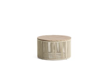 Tavolino Dandara in acciaio, corda écru e legno massiccio di acacia Ø 70 cm FSC 100%