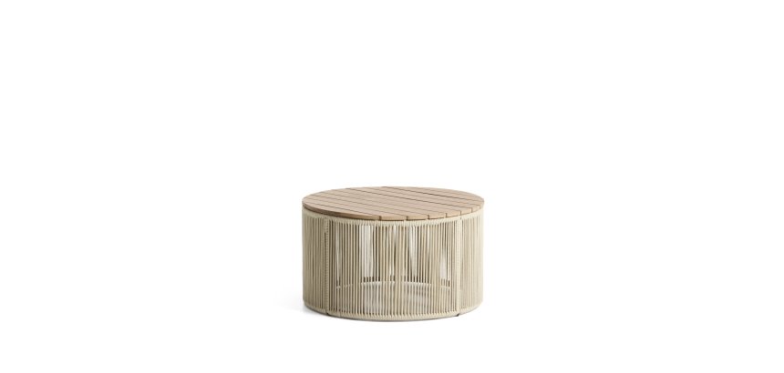 Tavolino Dandara in acciaio, corda écru e legno massiccio di acacia Ø 70 cm FSC 100%