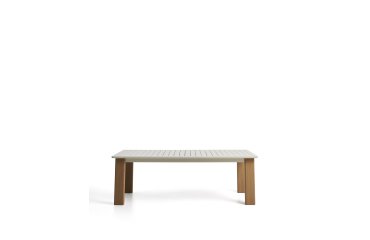 Tavolo allungabile Livorno in alluminio color écru e gambe effetto legno 233 (350) x 100 cm