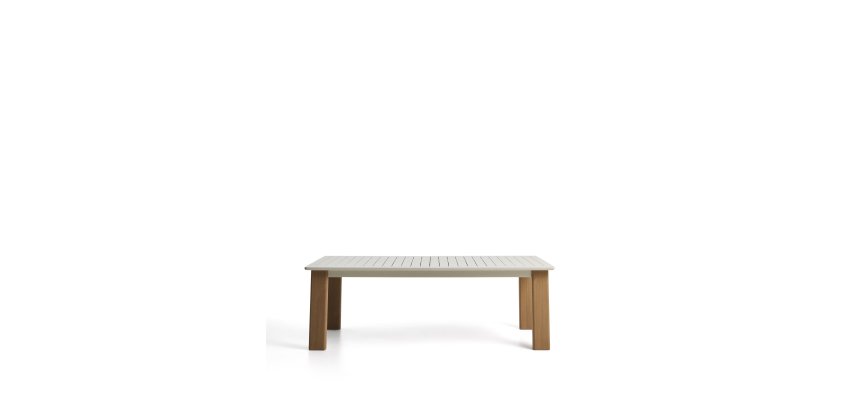 Table extensible Livorno en aluminium couleur écrue et pieds effet bois 233(350) x 100 cm