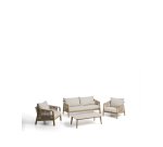 Ensemble d’extérieur Sirte avec canapé 3 places, 2 fauteuils et table en aluminium avec finition effet bois et coussins écrus