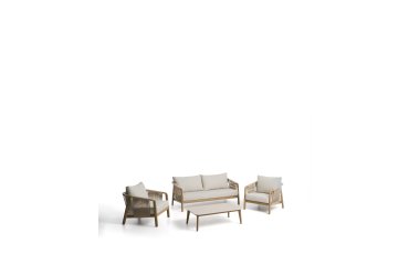 Ensemble d’extérieur Sirte avec canapé 3 places, 2 fauteuils et table en aluminium avec finition effet bois et coussins écrus