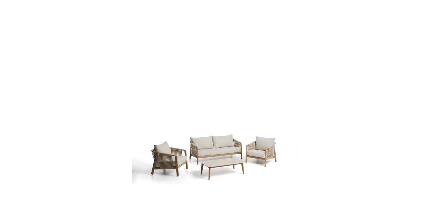 DE_Ensemble d’extérieur Sirte avec canapé 3 places, 2 fauteuils et table en aluminium avec finition effet bois et coussins écrus