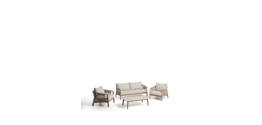 Ensemble d’extérieur Sirte avec canapé 3 places, 2 fauteuils et table en aluminium avec finition effet bois et coussins écrus