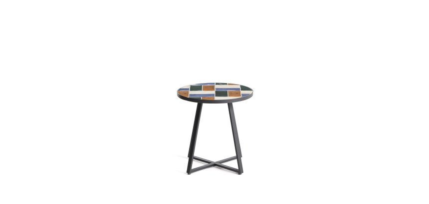 DE_Table d’appoint ronde Tella en acier galvanisé graphite et carreaux multicolores Ø45 cm