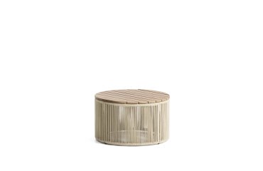 Tavolino Dandara in acciaio, corda écru e legno massiccio di acacia Ø 60 cm FSC 100%