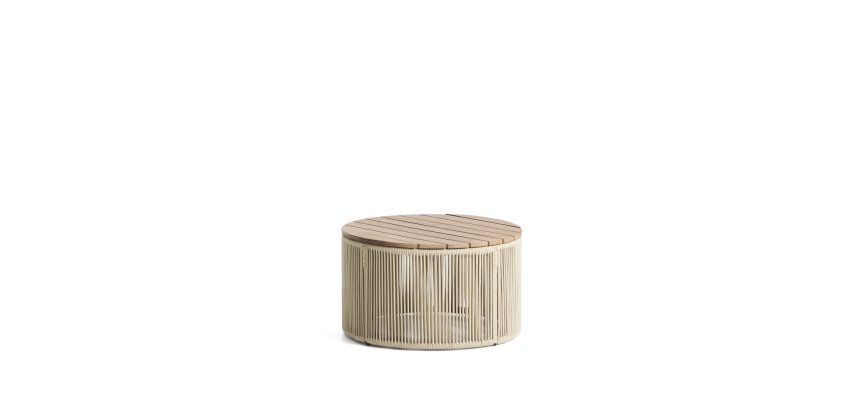 Tavolino Dandara in acciaio, corda écru e legno massiccio di acacia Ø 60 cm FSC 100%