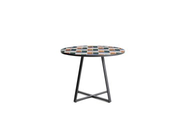 Tella round table in graphite galvanised steel with multicoloured tiles Ø120 cm