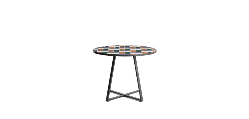 Table ronde Tella en acier galvanisé graphite et carreaux multicolores Ø120 cm