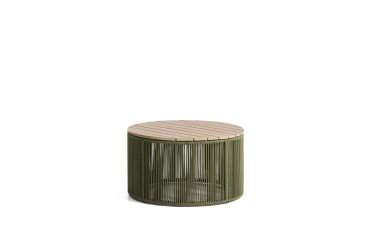 Tavolino Dandara in acciaio, corda verde e legno massiccio di acacia Ø 70 cm FSC 100%