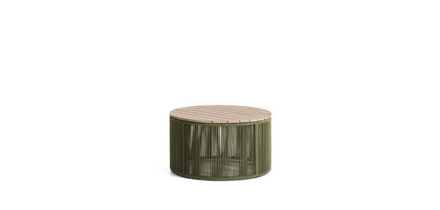Tavolino Dandara in acciaio, corda verde e legno massiccio di acacia Ø 70 cm FSC 100%