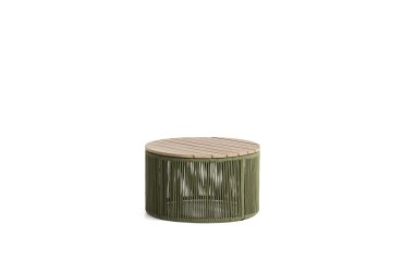 Tavolino Dandara in acciaio, corda verde e legno massiccio di acacia Ø 60 cm FSC 100%