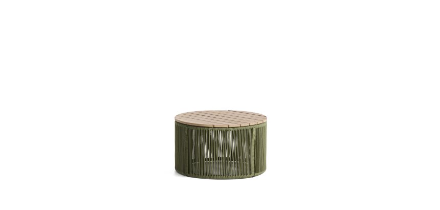 Tavolino Dandara in acciaio, corda verde e legno massiccio di acacia Ø 60 cm FSC 100%