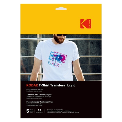 Papier d'impression Kodak Papier transfert textile clair t-shirt, 5 feuilles, compatible avec toutes les imprimantes à jet d''encre