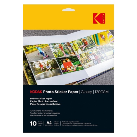 Papier d'impression Kodak Photo Sticker Paper - Pack de 10 feuilles de papier photo autocollant - Format A4 - Finition brillante - 120 g