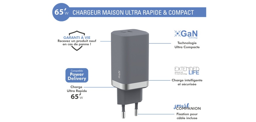 Chargeur pour téléphone mobile Force Power Chargeur Secteur GAN 1 Port C 65W Gris