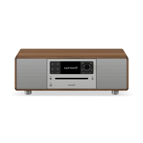 Chaine HiFi Sonoro Systeme 2.1 tout-en-un avec caisson de basses integre de 4 pouces. CD, radio FM, DAB+, radio Internet, podcasts. Acces a Spotify, Deezer. Bluetooth bidirectionnel et entree numerique optique. Boîtier en bois de noyer poli a la main.