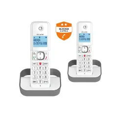 Téléphone sans fil Alcatel Pack Duo F 860 Duo avec fonction blocage des appels publicitaires blanc gris