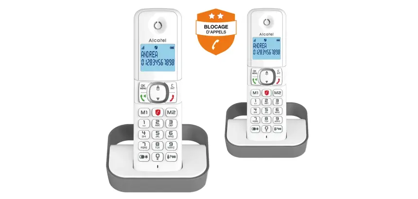 Téléphone sans fil Alcatel Pack Duo F 860 Duo avec fonction blocage des appels publicitaires blanc gris