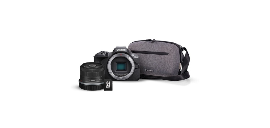 Appareil photo hybride Canon EOS R100 + RF-S 18-45mm f/4.5-6.3 IS STM + Sac photo + carte SD 64 go