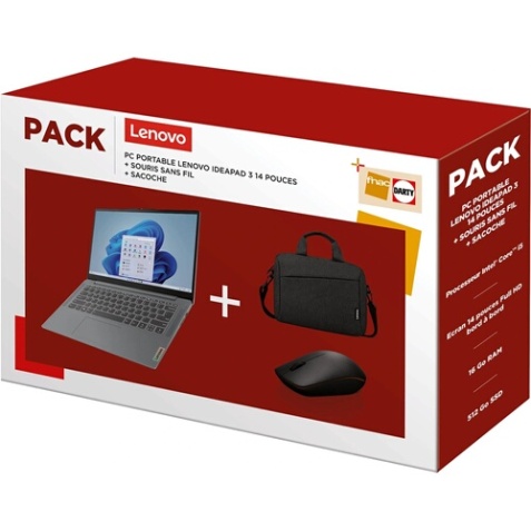 PC portable Lenovo Pack FNAC-DARTY IDEAPAD SLIM 3 14IAH8 14" FHD INTEL CORE I5-12450H (jusqu'à 4,4GHz) RAM 16 GO LPDDR5 512 GO SSD PCIE M.2 + Sacoche + Souris sans fil