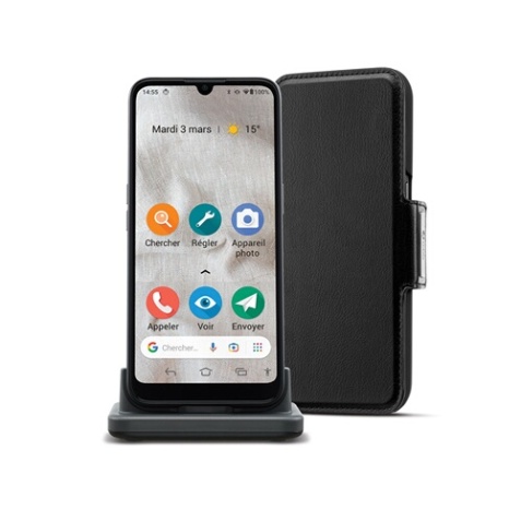 Smartphone Doro Pack 8100 PLUS graphite pour seniors avec socle de charge et etui de protection