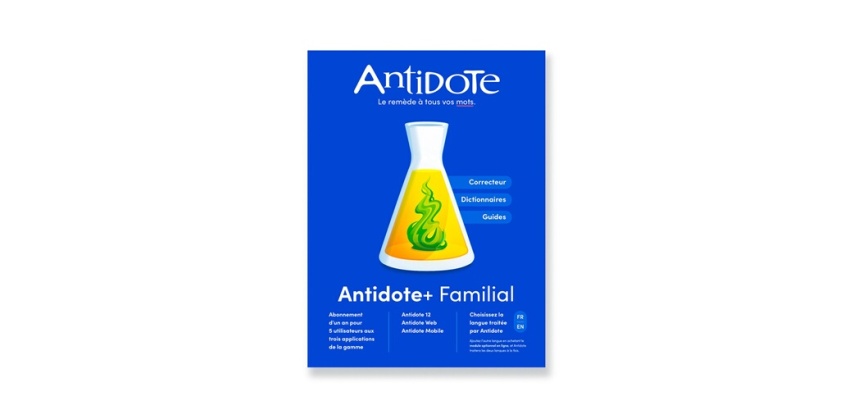 Logiciel Druide Antidote+ Familial - Antidote 12 + Antidote Web + Antidote Mobile - francais ou anglais - PC ou Mac - 1 an - Correcteur grammatical et dictionnaires