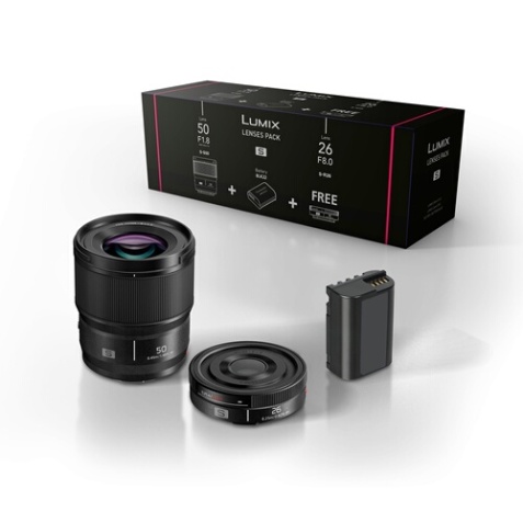 Objectif à Focale fixe Panasonic Kit Accessoires Optique fixe grand angle 26mm S-R26E + Optique fixe Portrait 50m f1.8m S-S50ME + Batterie  DMW-BLK22EB pour lumix S5 et S9